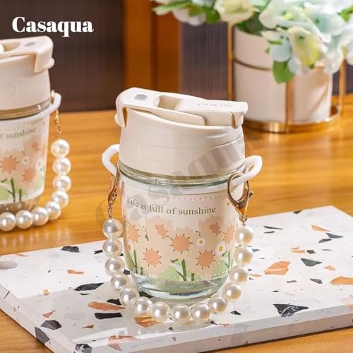 Image of Glass Tumbler with Lid & Pearl Handle - 350ml, Set of 1, Cute Floral Printed Coffee Mug, Portable Leakproof Drinking Cup for Water, Juice, Iced Coffee, Milk Tea, Travel & Office Use