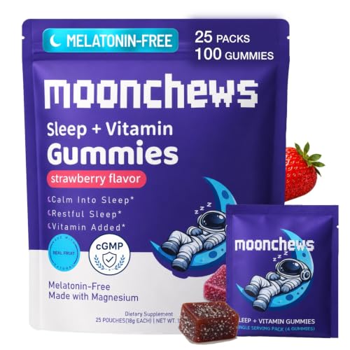 MoonChew Natural Sleep Gummies - Melatonin-Free Sleep Support Gummy for Adults with Magnesium 8 Essential Vitamins L-Theanine Gluten-Free Vegan Strawberry Flavor (100 Gummies 25 mini Packs)