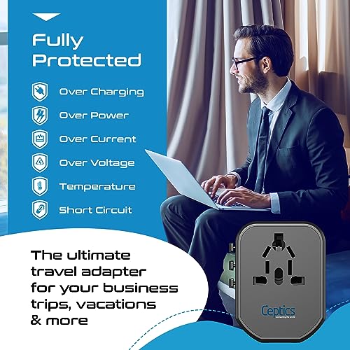 Image of Ceptics 3 in 1 Travel Adapter with USB C, Type D Multiple Plug Socket for Laptops, Phones - White - 1 Pack