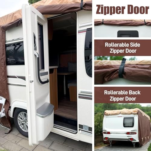 Image of 5th Wheel Cover: Fits 28'-31' RV, 300D Oxford Fabric Two Color Design, Heavy Duty 5th Wheel RV Cover Anti-UV Waterproof Windproof, with Gutter Cover & 2 Pcs Extra Straps
