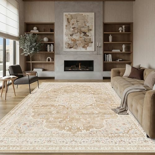 HUGEAR Machine Washable Area Rugs 8x10 Vintage Beige Brown Living Room Bedroom Rug Neutral Style Non Slip Stain Resistant Low Pile Throw Carpet for Home Retro Aesthetic Modern Decor