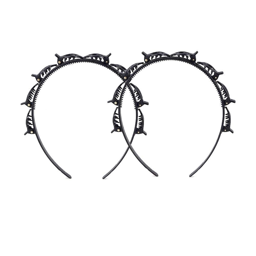 2Pcs Black Double Bangs Hairstyle Hairpin Headband With 8 Small Clips - Women Double Layer Twist Plait Headband Hair Tools,Twist Clip Headbands with Toothed Hairs Bands Braid Tool Hair Accessories