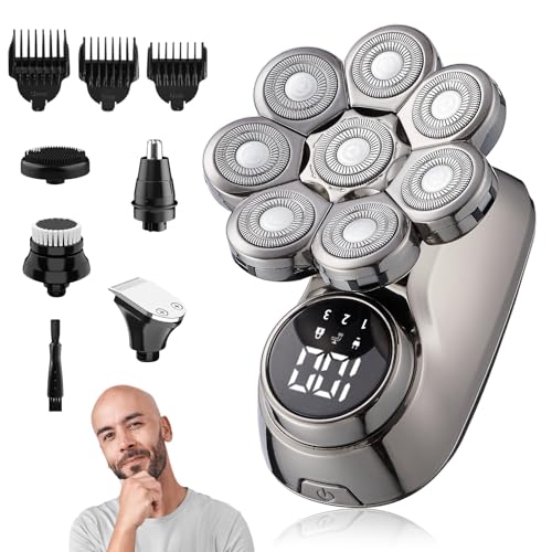 Anluomania 8D Afeitadora Cabeza Hombre, 5 en 1 Maquina Afeitar Cabeza para Calvo, Afeitadora Electrica hombre Calva, Maquina de Afeitar Hombre en Seco y Húmedo, con 8 Cabezas Rotativa, Pantalla LED