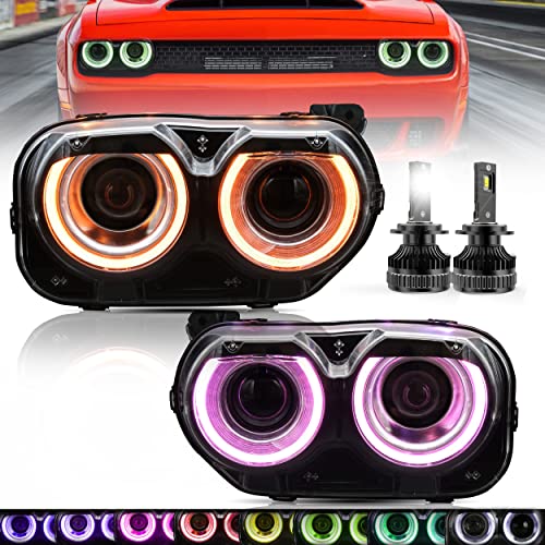VLAND RGB Headlight Fit for 2015-2024 Dodge Challenger SRT Hellcat Coupe 3rd Gen SE RT, Plug-and-play, RGB/D2S