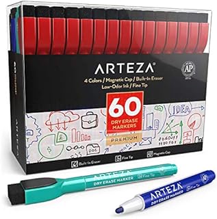 ARTEZA Magnetic Dry Erase Markers with Eraser, Pack of 60 (with Fine Tip), 4 Assorted Colors with Low-Odor Ink, Whiteboard Pens is Stationary Supplies School, Office, or Home
