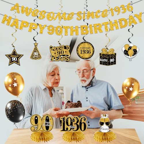 Image of Kuxriox 11Pcs 90th Birthday Decorations Kit for Men Women, Black Gold Happy 90th Birthday Banner, Awesome Since 1936 Centerpieces Swirls Party Supplies, Ninety Bday Banner Ceiling Table Topper Sign
