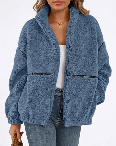 KIRUNDO Sherpa Jacket Women Fleece Oversized Zip Up Winter Coats Fall Jackets Faux Fur Warm Outwear 2026 Fashion Clothing(Dusty Blue, X-Large) — view 5