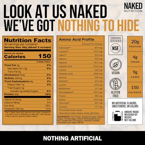 Image of NAKED Shake - Chocolate Peanut Butter Protein Powder - Vegan Protein Powder from US & Canadian Farms with MCT Oil, NSF Certified, Gluten-Free, Soy-Free, No GMOs or Artificial Sweeteners - 30 Servings