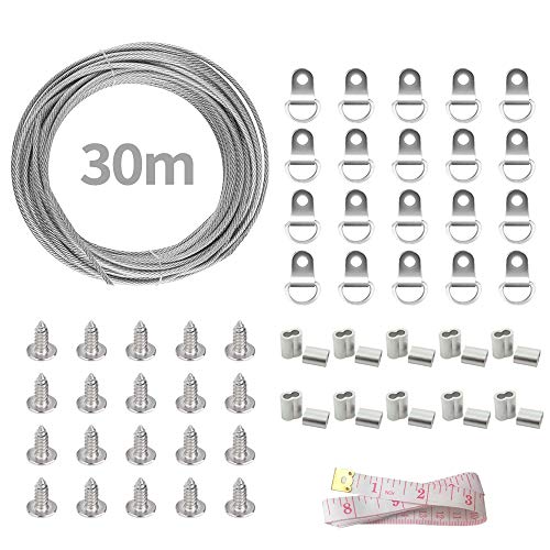 Lifreer - Alambre para colgar cuadros, 30 m x 2 mm, acero inoxidable trenzado con revestimiento de vinilo con 20 manguitos de aluminio para engarzar, 20 perchas y tornillos, y 1 cinta métrica