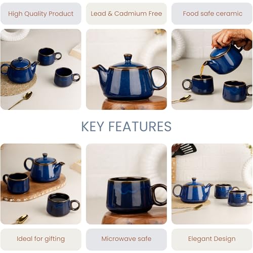 Image of The Earth Store Premium Navy Blue Glaze Ceramic Morning Tea Set - 2 Tea Cups & 1 Kettle Microwave and Dishwasher Safe | Tea Cup with Kettle | Small Morning Set | Ideal for Gifting and Daily Use
