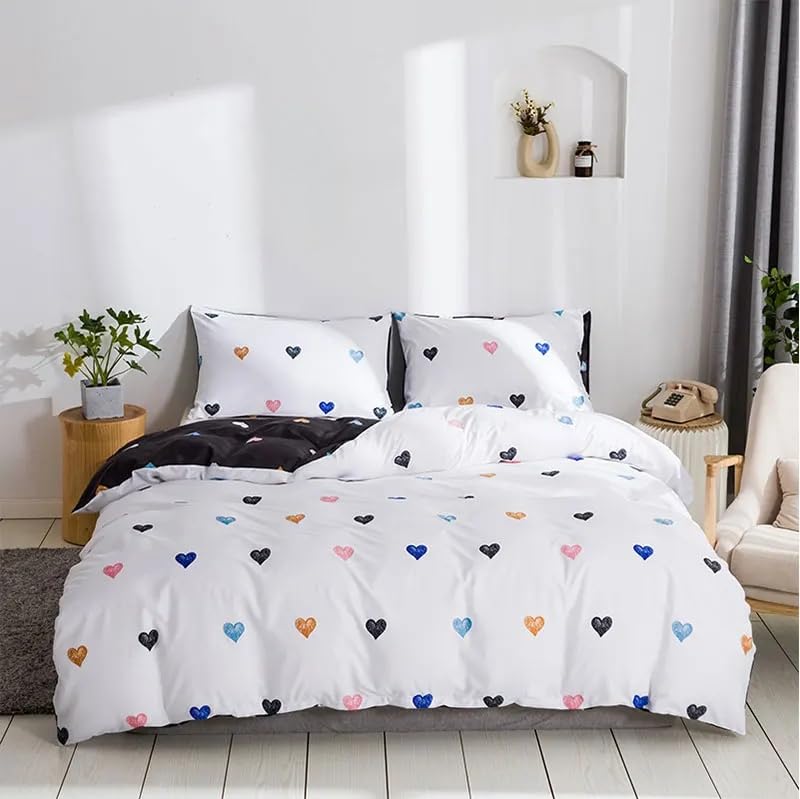 Housse de couette à motif cœur coloré 140x200 parure de lit moderne réversible microfibre