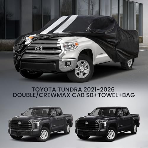 Image of Toyota Tundra Truck Cover Custom Fit 2021-2026 Double Cab /CrewMax Cab Short Bed(5.5'-6.5') with Door Zipper, 10 Layers Pickup Truck Cover Waterproof All Weather, Car Tarp for Wind Dust Sun Protector.