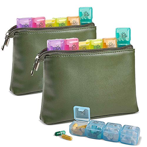 Weekly Travel Pill Organizer - Pack of 2 7-Day Per Week Wallet Organizer Pouch - Daily AM PM 4 Times a Day Pill Boxes, Vitamins and Medication with Individual Pill Container Dispenser Case by MEDca