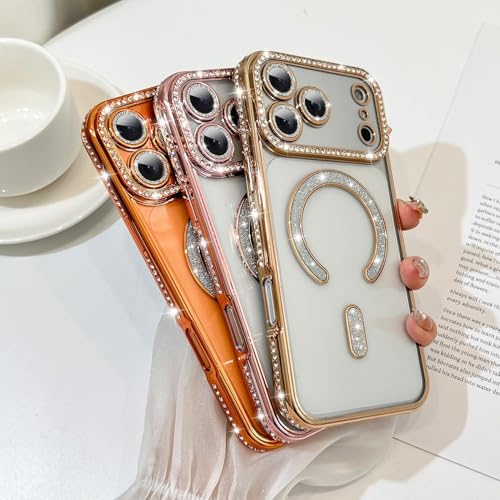 Image of DIZORO Compatible with (iPhone 17 Pro Case) Clear Luxury Diamond Glitter Case |Camera Lens Protector with Glitter Ring | Premium Shockproof Glossy Shiny Back Cover Case for Girls Women -Gold