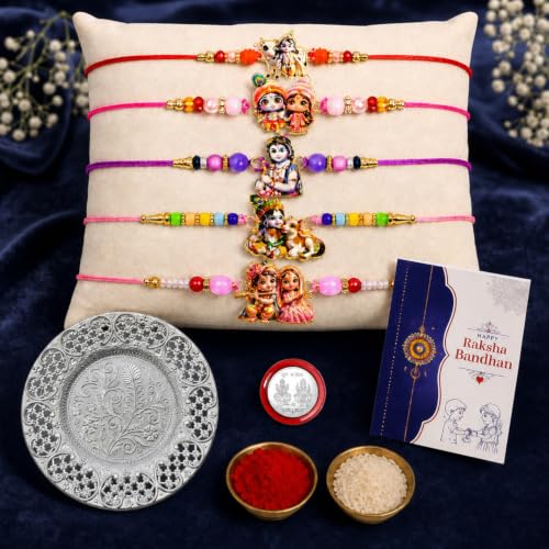 Image of Oblivion Elegant Handcrafted Multicolor Rakhi Combo for Brother Bhaiya Bhai with Thali, Roli Tikka, Silver Color Pooja Coin & Greeting Card | Raksha Bandhan Festival Gift Set | Pack of 7