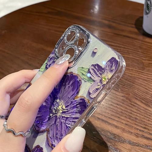 Image of Elzzi Compatible with iPhone 16 Pro Max Case Oil Painting Flower Colorful with Len Prtotection Shockproof PC+TPU Glossy Back Cover for Girls Women, Purple
