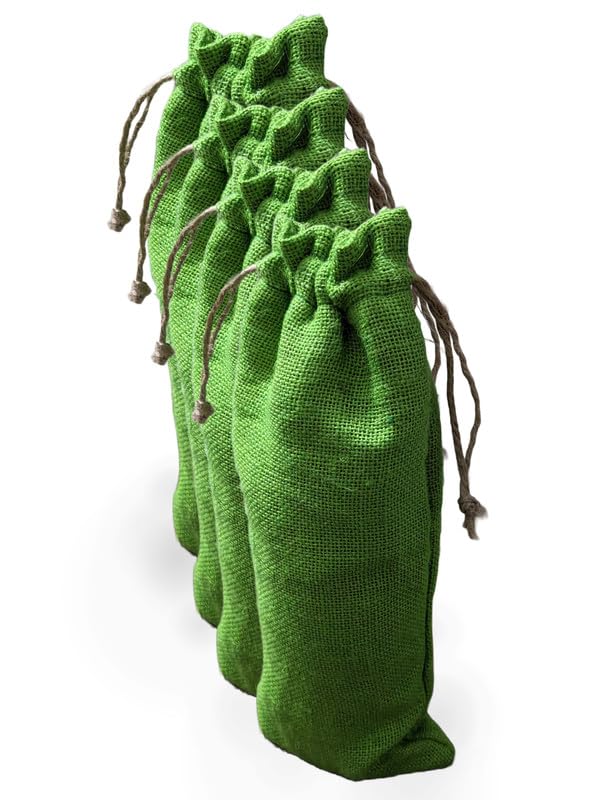 DESHKARI Handmakers Natural Jute Wine Bottle Bag with Green Color Pack of 4