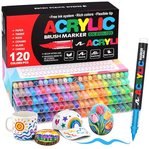Melifluo 120 Rotuladores Acrílicos Punta Pincel   Marcadores Permanentes para Piedras, Tela, Vidrio, Madera, Cerámica, Lienzo y Papel   Pintura Acrílica de Secado Rápido para Lettering y Manualidades