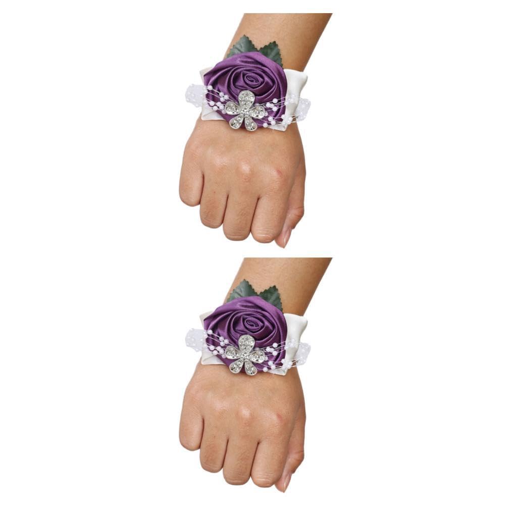 EIOLWJIEO 2 Set of Handmade Satin Rose Wrist Corsage Weddings And Proms Unique Cloth Bridesmaid Bridal Wrist Flower Stretch Wristband N7 Grape Purple, N7 Grape Purple 2Set