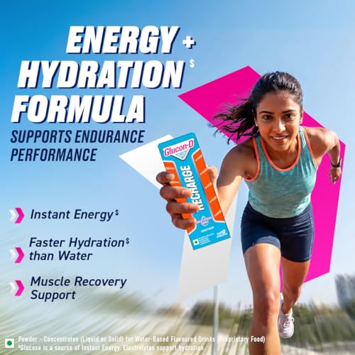 Image of Glucon-D Recharge Energy & Hydration Orange Flavour Drink Powder, Instant Glucose + Electrolytes for Quick Energy, 18g Sachets (Pack of 10)
