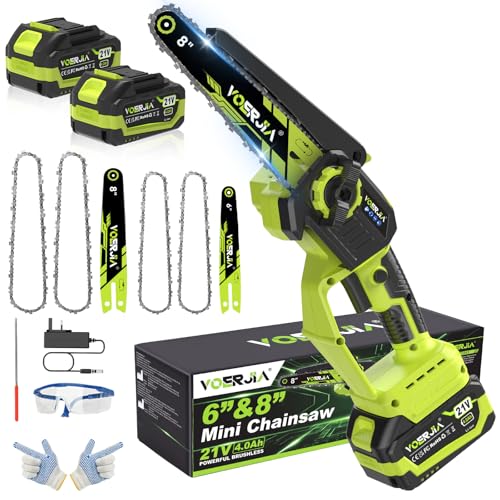 VOERJIA Cordless Mini Chainsaw 6 & 8 750W Brushless Motor with Auto-Oiling 2X 4.0Ah Batteries Lightweight Handheld Electric Chainsaw with Tool-Free Tensioning for Wood Cutting & Tree Trimming