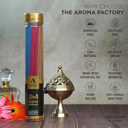 Image of The Aroma Factory 3 in 1 & Attar Jannat Ul Firdaus Luxury Perfume Agarbatti - Pack of 2 x 100 (Made Without Using Charcoal)