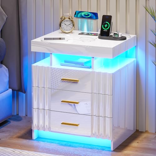 HNEBC LED Nightstand,Black Nightstand with Charging Station-USB+Type-C+Wireless Charging,Smart Bedside Table has Auto Sensor, High Gloss Night Stand with 3 Drawers for Bedroom