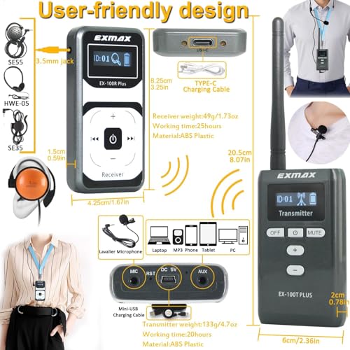 Sistema inalámbrico para guías turísticos EXMAX EX-100 Plus 72 MHz con micrófono para auriculares, para interpretación en iglesias, capacitación, conferencias y enseñanza (1 transmisor y 2 receptores) miniatura 4