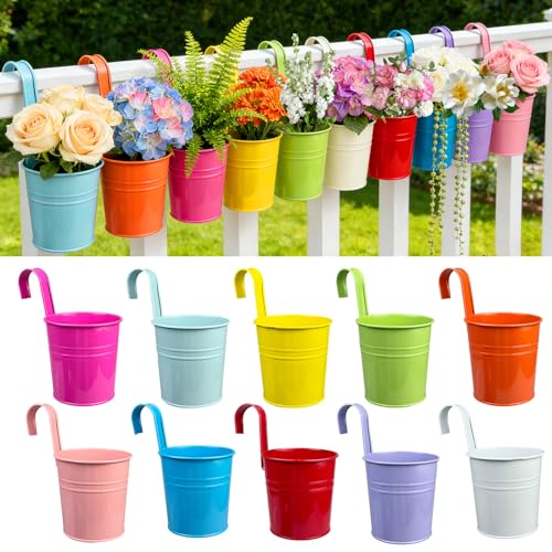 TEYIAN 10Pcs 10cm Hanging Plant Pots Metal Hanging Basket Hanging Flower Pots Vase Bucket with Drainage Hole Balcony Fence Home Garden Decor