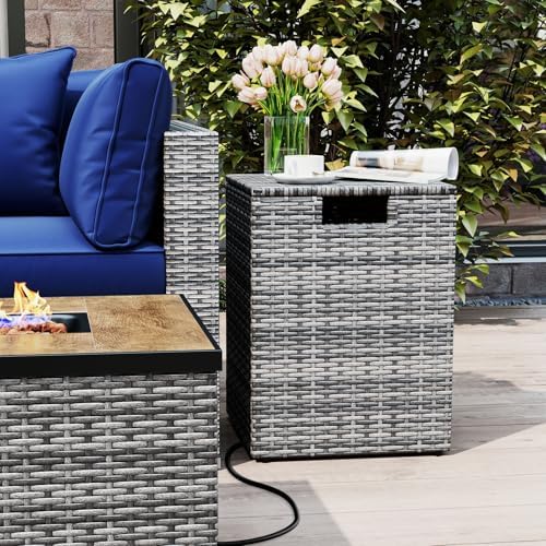 Tangkula Wicker Propane Tank Cover Table, 20 LB Gas Tank Holder Storage Box with Flip Lid & Adjustable Foot Pads, 16" Outdoor Rattan Hideaway Table for Gas Fire Pit, Grill, Griddle & Stove (Grey)