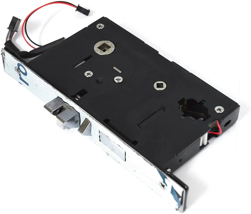 Pahareup-hareup view of the mortise lock mechanism, showing the latch bolt, deadbolt, and internal components.