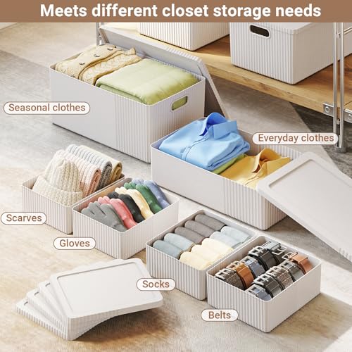 Image of Decorative Storage Bins with Lids, Set of 6, 3 Size Baskets, Ivory