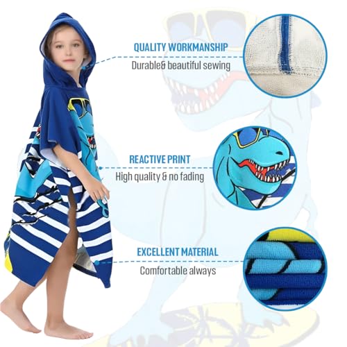 Image of TONY STARK Poncho Towel for Kids, Beach Towel with Hoodie, 60x60cm Travel Towel for 1-7 Years Girls and Boys, Soft Microfiber Sleeved Poncho (Dino Surfer)