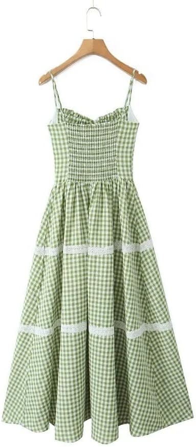 Summer Dresses for Women 2025 Casual French Vintage Lace Long Beach Corset Green Dress Gingham Spaghetti Strap Sundress - Image 2