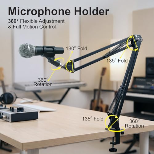Image of Overhead Microphone Holder Stand, Extra Long Arm for Mics, 1 /4 inch Head 2 Way Base clamp & Bracket for Microphones for Overhead Audio, Podcasts, Streaming, Office - Black