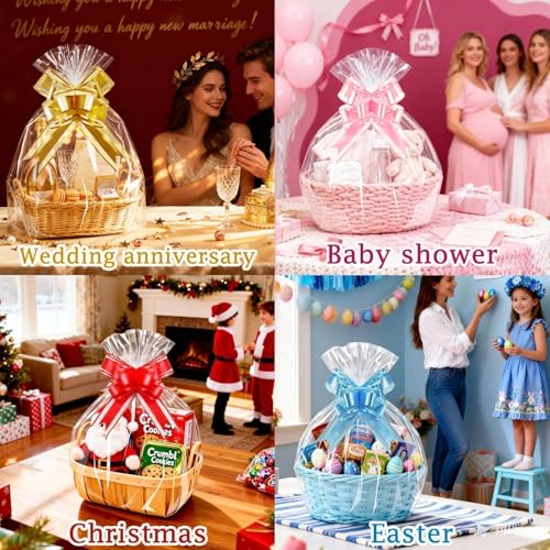 Image of PigPotParty Cellophane Bags for Gift Baskets, 16x24 in, 10 Pack, Pink Bows | Thick clear OPP holds shape; seamless bottom resists tears; easy-to-use large pull bows save time and add a polished finish