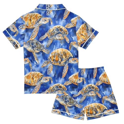 ALAZA Turtle Sea Oil Painting Blue Satin Pajamas Set Short Sleeve Button Down Sleepwear Summer Pjs 2 Piece2