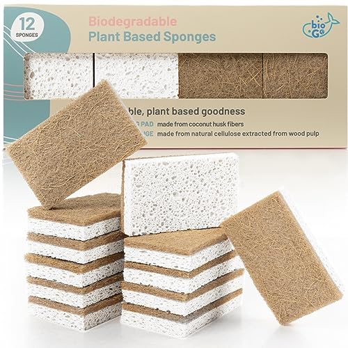 bioGo White 12 Pack Biodegradable Kitchen Sponge - Eco-Friendly, Compostable, Natural Cellulose Dish - Compostable - Biodegradable - Cellulose Sponges Kitchen
