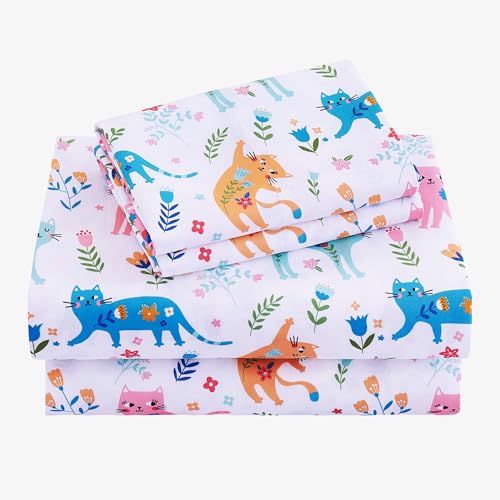 Viviland 3 Pieces Girls Pink Cat Twin Sheet Set - Soft Microfiber Fitted Flat Sheets & Pillowcase - Kids Colorful Floral Leaf Print Bedding Sets - for Kids & Toddlers