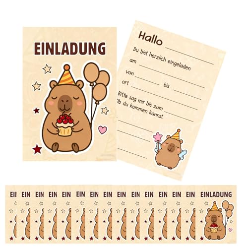 15× Capybara Einladungskarten Geburtstag, Beige niedlich Geburtstagseinladung, Einladungskarten geburtstag Mädchen Junge, Capybara Design Karten, für süß Tierparty (color-B)