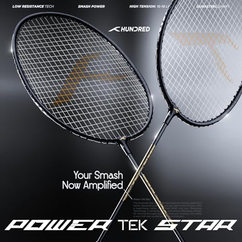 Hundred Powertek Star Set of 2 Strung Badminton Racket with Full Cover (Black) 2