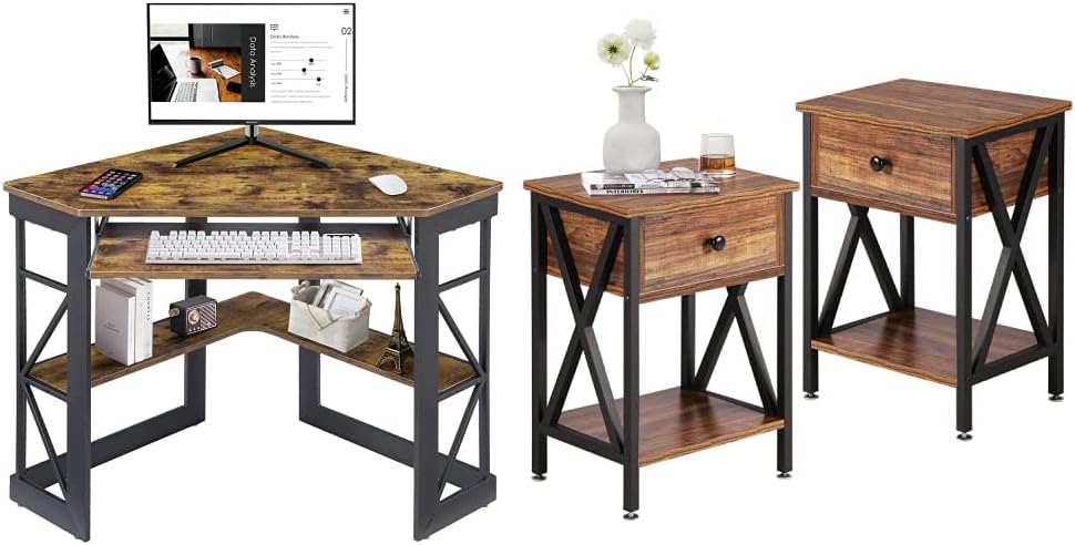 VECELO Corner Computer Desk with Modern Versatile Nightstands
