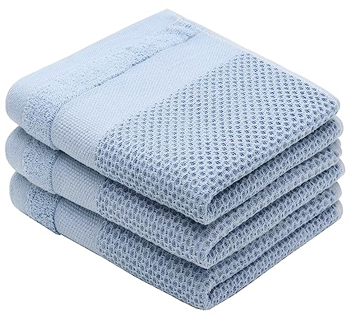 Mia'sDream Cotton Waffle Weave Hand Face Head Towel, Kitchen Tea Dish Washcloths, Soft Absorbent Bath Guest Gym, 13x28 Inch, 3 Pack (Blue)