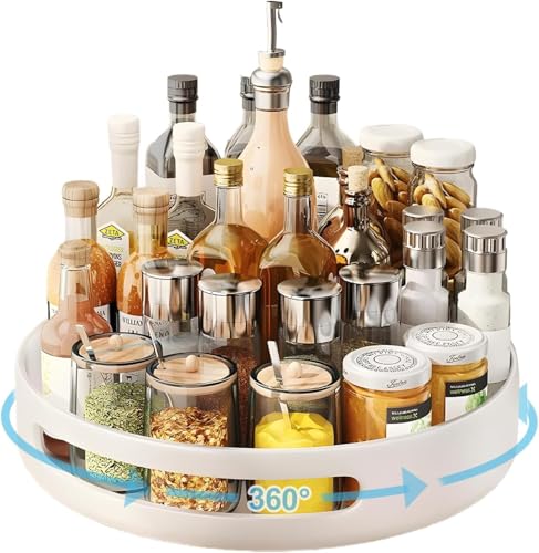 31cm Carbon Steel Lazy Susan Turntable, Lazy Susan 360° Turntable Kitchen Spice Storage Organizer Rack, Rotating Tray for Pantry Spice Jars, Countertop Condiments, Fridge Sauces (White)