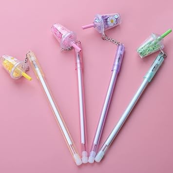 4 Pcs Multicolour Cute Kawaii Daisies Flower Milk Tea Cup Pendant Gel Pen School Office Supply Stationery Creative Sweet Pencs Gel Ink Rollerball Pens Rollerball Pens