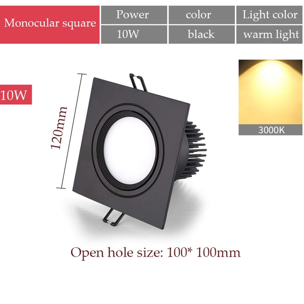 Zestaw 12 kwadratowych reflektorów wpuszczanych LED (5 W, 7 W, 10 W, 15 W) czarne aluminium, regulowany kąt do sypialni