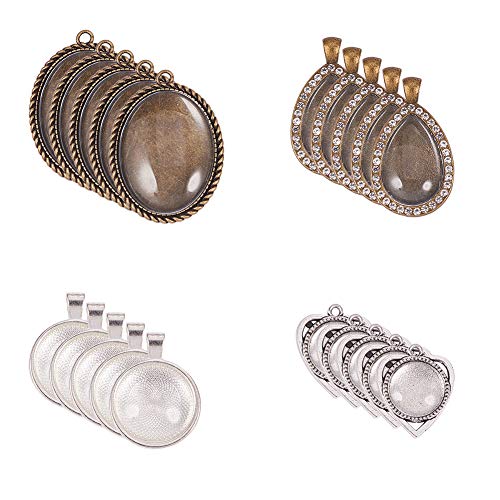 PandaHall Elite 40pcs / 20 Juegos de 3 Colores Planos ovalados/Redondos/bandejas de caída (20) con Vidrio Cabochon Dome Tiles Camarón Transparente (20 Piezas) para artesanías de Bricolaje