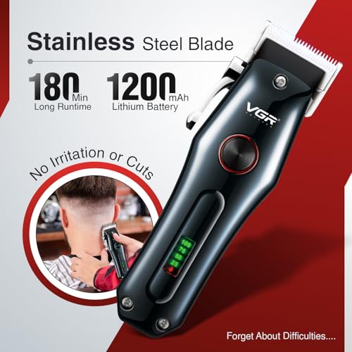 Image of VGR V-969 Professional Salon Series Hair Clipper - 180 Minutes Runtime, Turbo Function, 1200mAh Lithium Battery, LED Display, USB Charging, Cord /Cordless, 4 Guide Combs & Precision Trimming (Red)