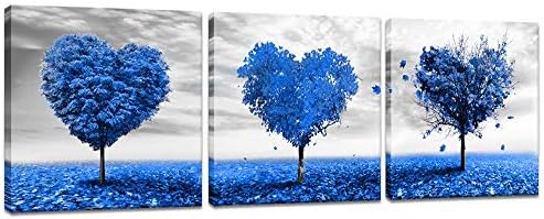 Artsbay 3 Panel Heart Shaped Tree Canvas Painting Blue Romantic Love Tree Picture Print Black and White Horizon Wall Art Gallery Wrapped Artwork Home Decor Framed for Living Room Kitchen Decoration