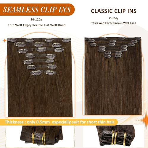 Image of Full Shine Seamless Clip in Hair Extensions Human Hair, Brown 14 Inch 120g | Invisible PU Weft, Medium Brown Clip-Ins, Lightweight, Secure Hold Clips, Invisible Blend, Heat-Styling Friendly, 8 Pcs